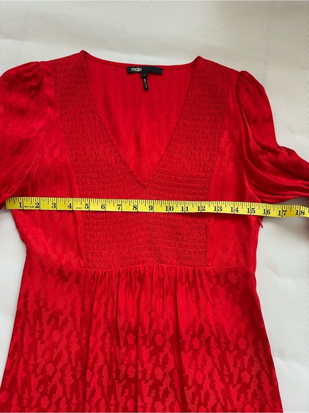 Maje Red Jacquard Smocked Mini Dress Long Sleeve Size 1 - Picture 12 of 16